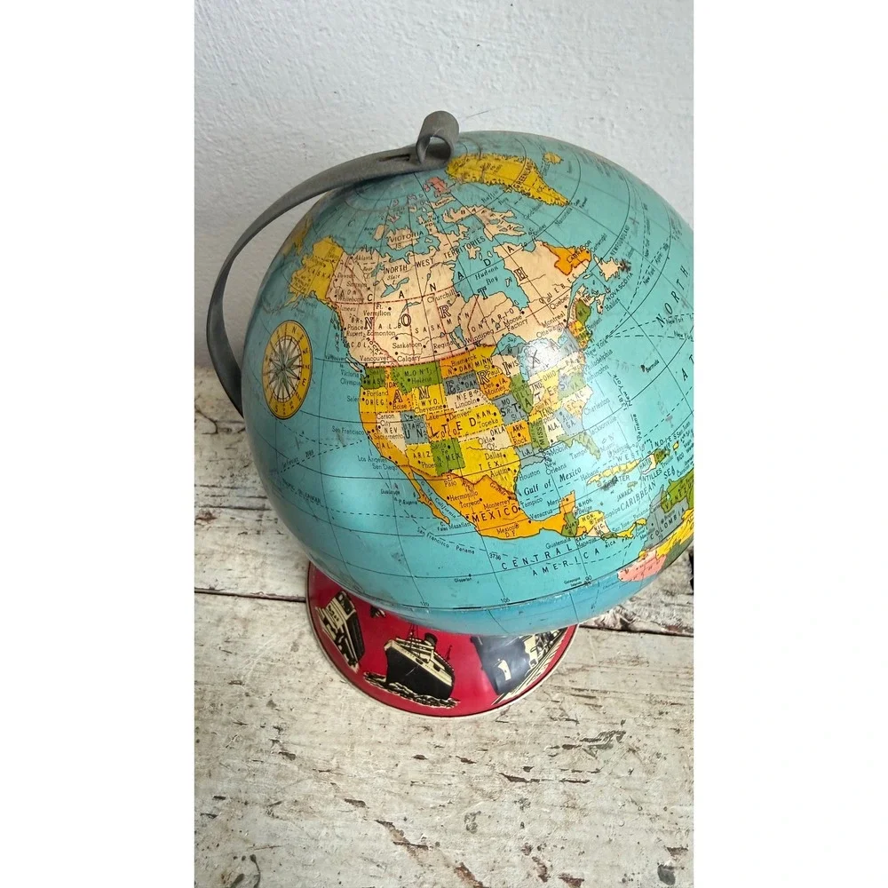 Vintage Ohio Art Co Tin Litho World Globe Red Transportation Base